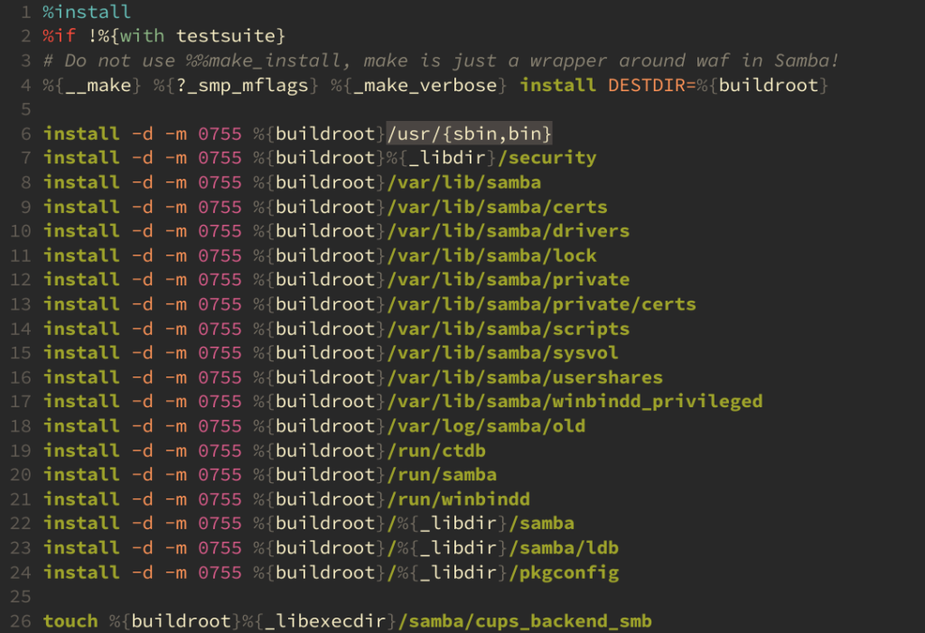 The image shows a the Samba spec file with syntax highlighting.