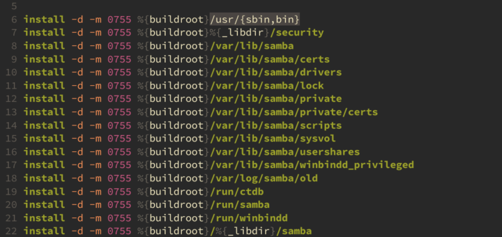 The image shows a the Samba spec file with syntax highlighting.