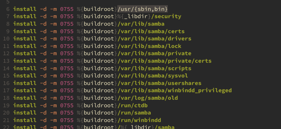 The image shows a the Samba spec file with syntax highlighting.